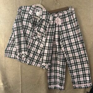 Victorias Secret Flannel Pajama Set Sz S Black Pink‎ Plaid Ribbon Charm Pockets